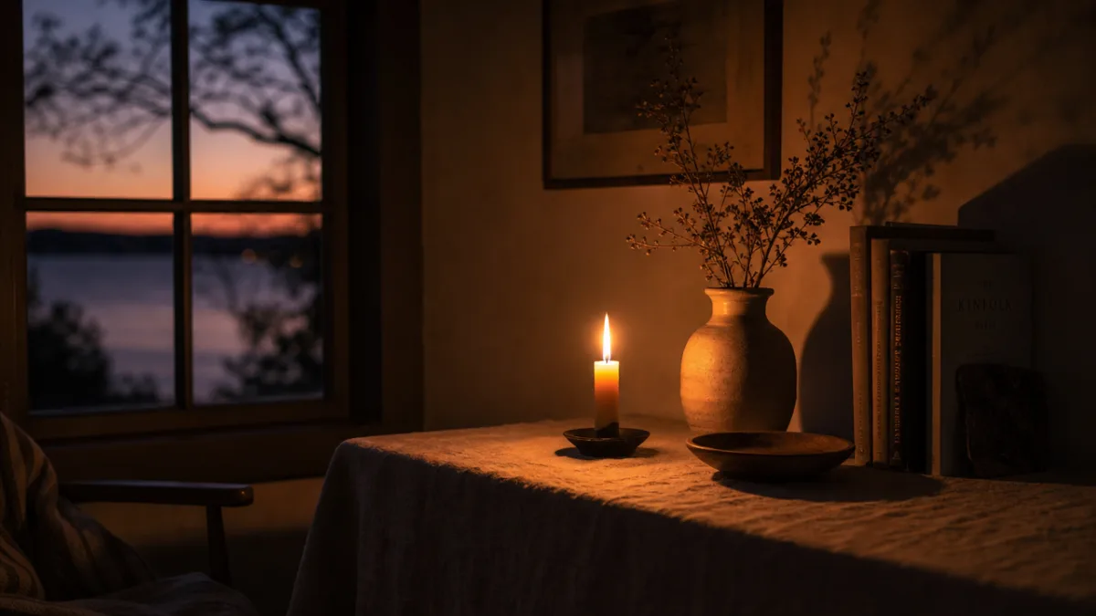 a lit candle casting a soft amber glow on a linen-draped side…