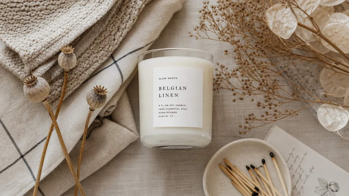 a styled flat lay of a Belgian linen candle surrounded by folded…