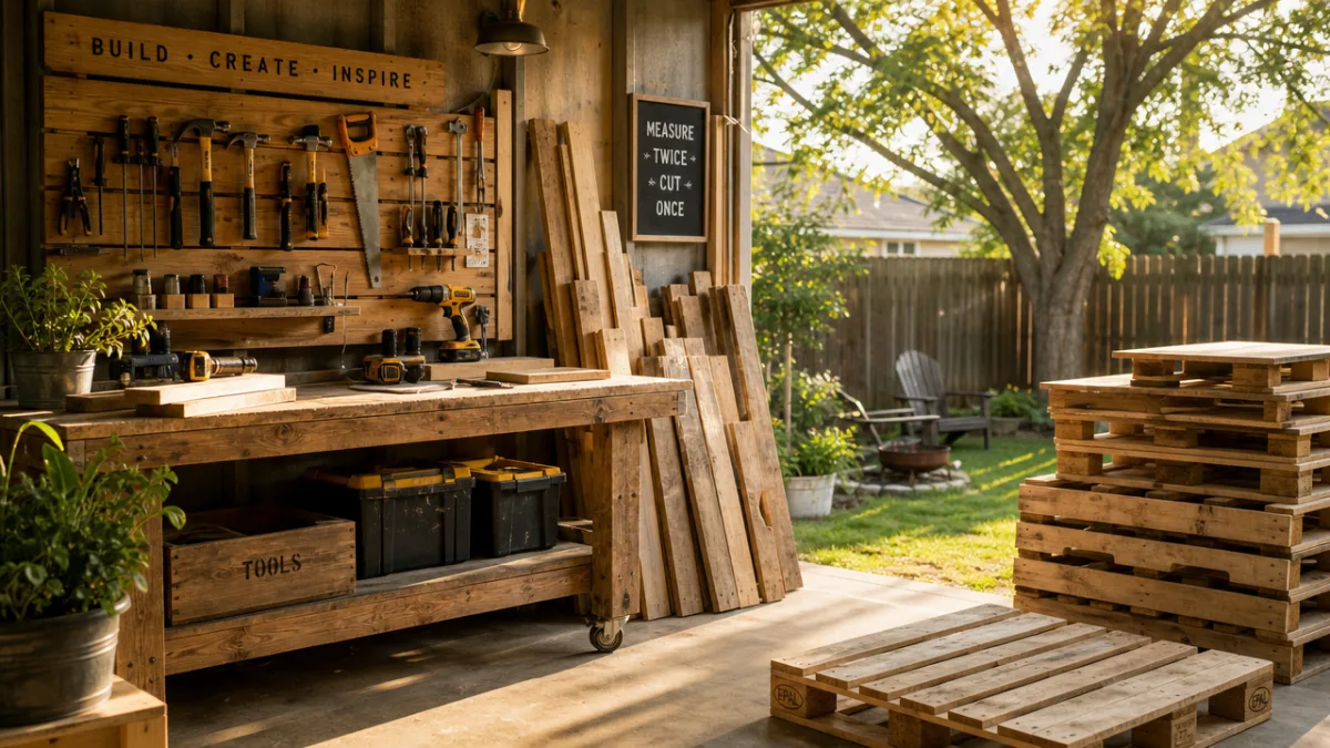 a sunlit backyard workshop with neatly arranged pallet wood, tools on a…