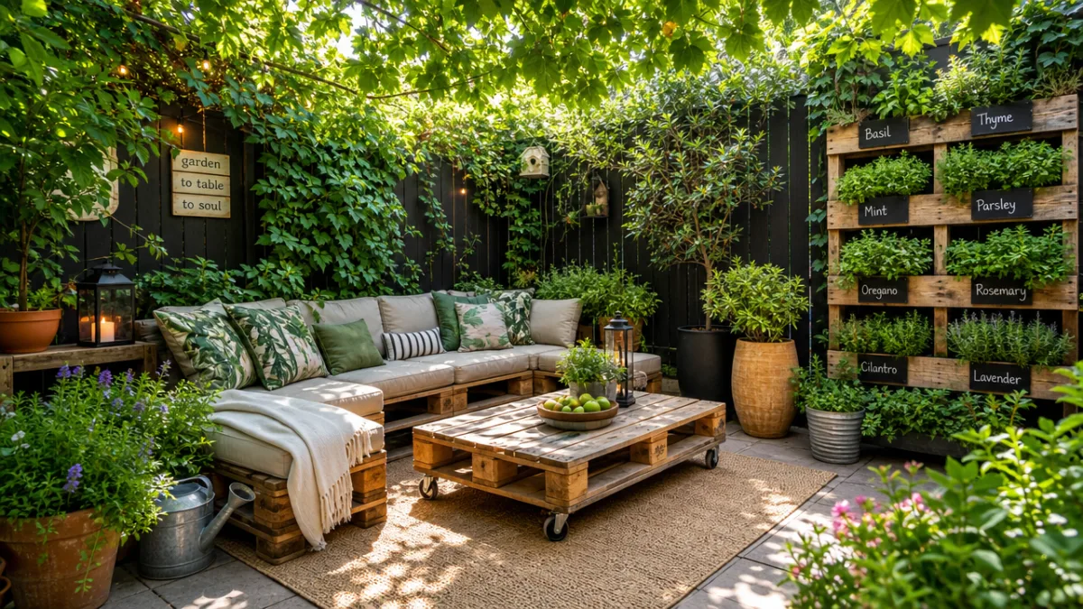 a lush garden patio with pallet furniture and vertical herb garden, dappled…