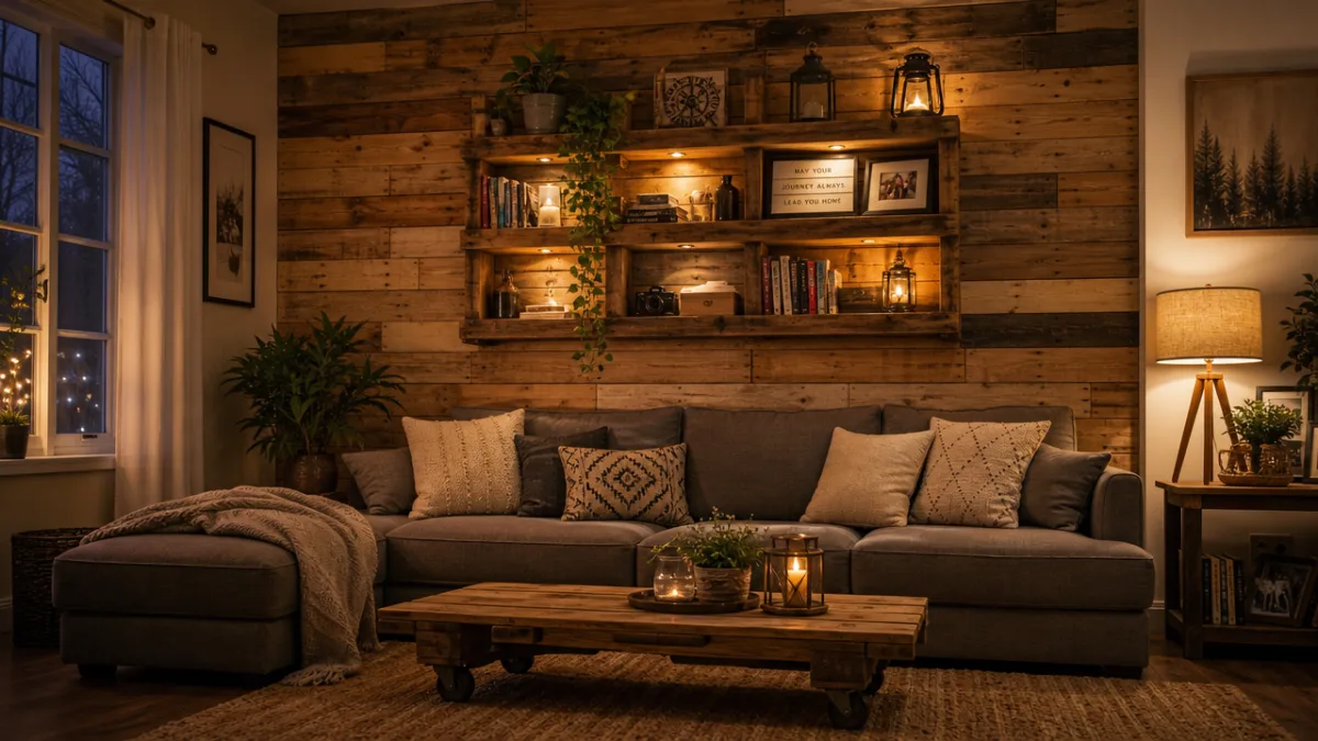 a cozy living room interior with pallet wood feature wall and handcrafted…