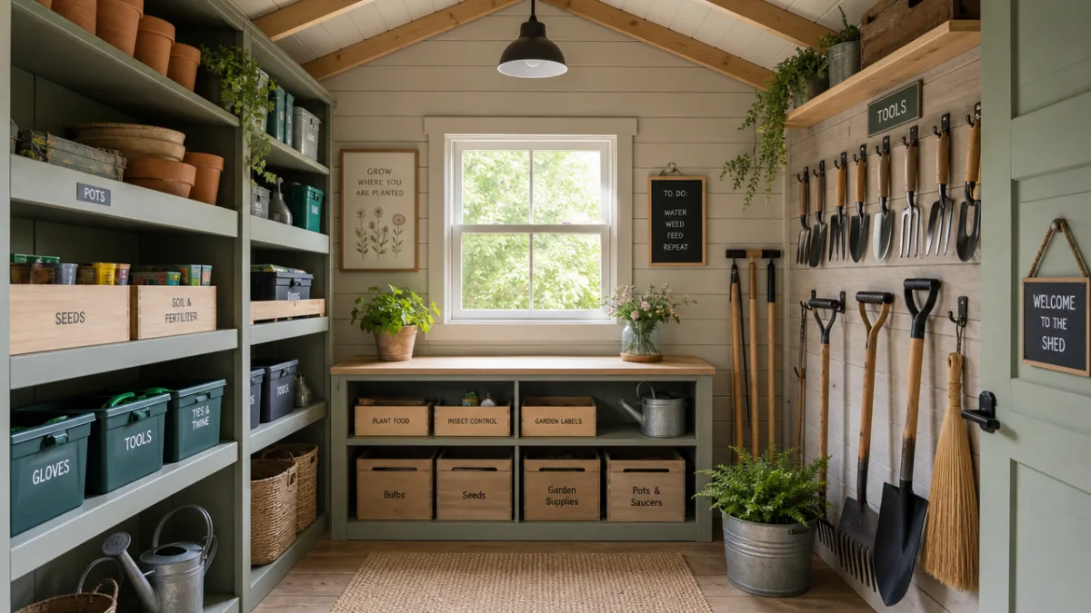 an immaculately organized garden shed interior with labeled shelving and hanging tools,…