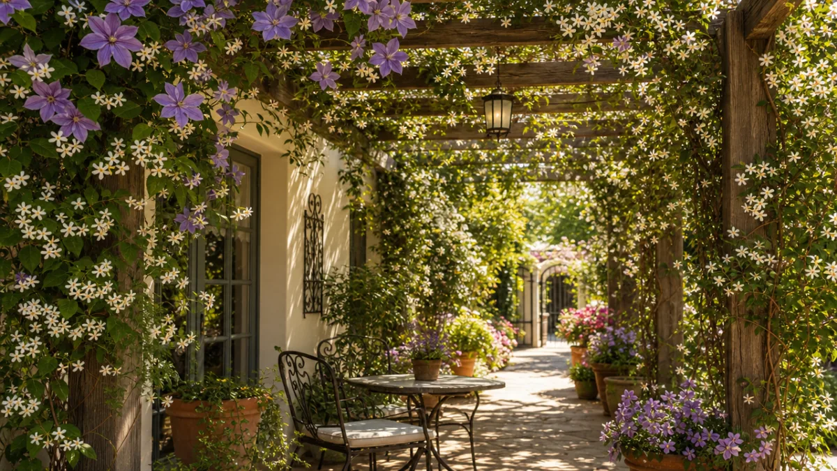a pergola draped in blooming clematis and jasmine vines, warm afternoon dappled…