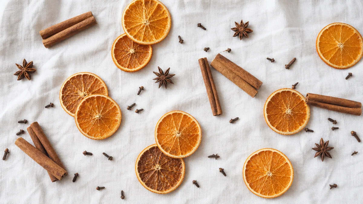 an overhead flat lay of dried orange slices, cinnamon sticks, star anise,…
