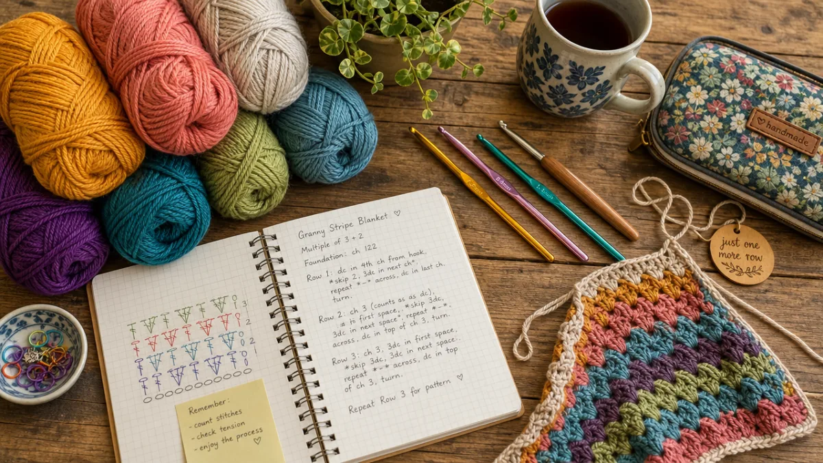 a flat lay of colorful yarn skeins, crochet hooks, and pattern notes…
