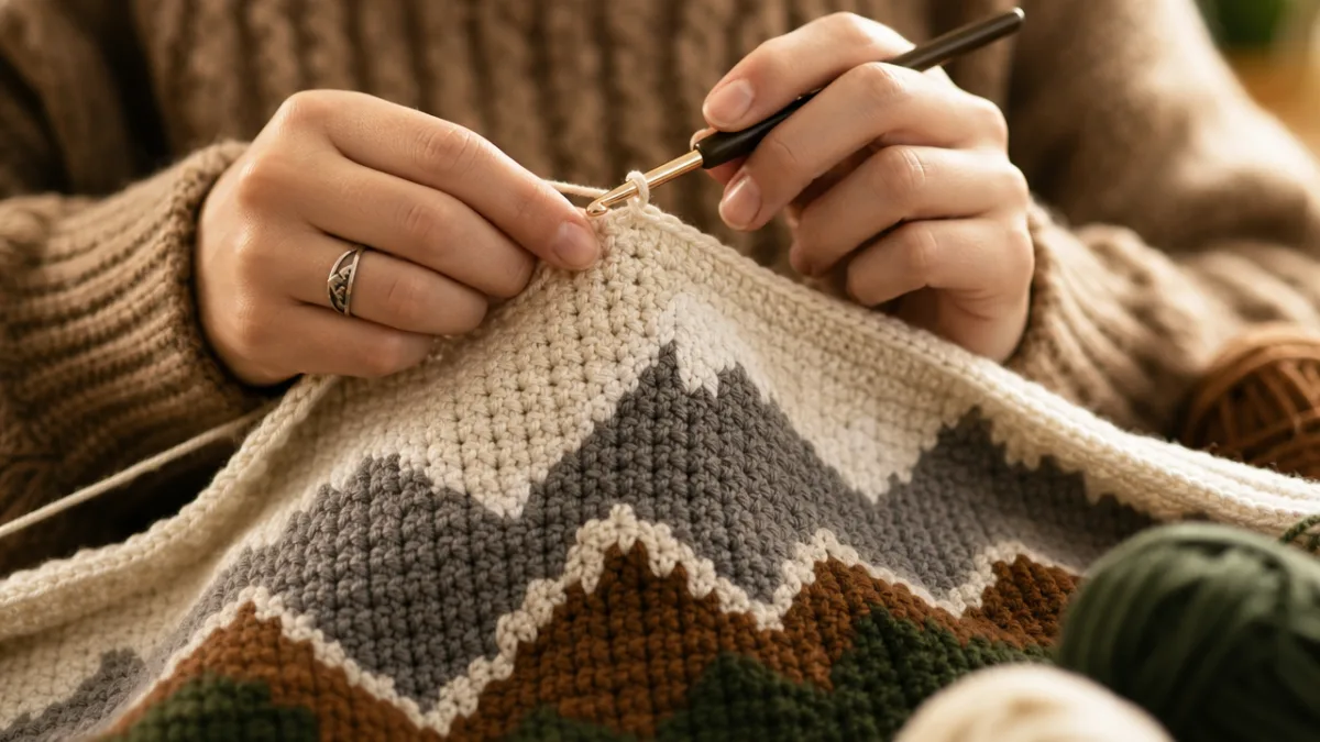 close-up of hands crocheting a mountain-patterned blanket in earth tones, soft warm…