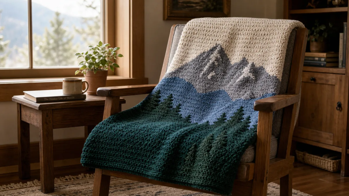 a finished mountain crochet blanket draped over a wooden armchair near a…