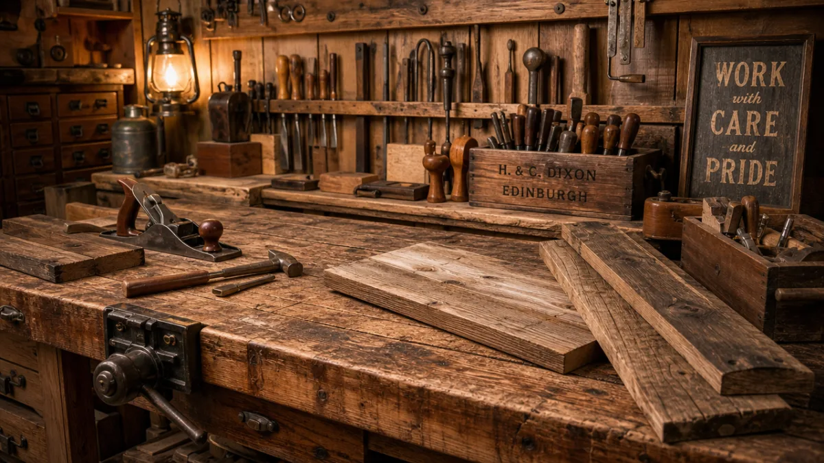 a rustic wooden workshop workbench covered with vintage tools and reclaimed wood…