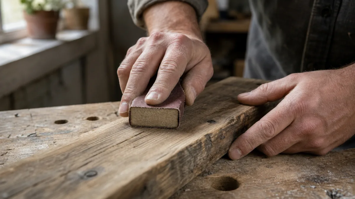 close-up of hands sanding reclaimed wood plank on a workbench, soft natural…