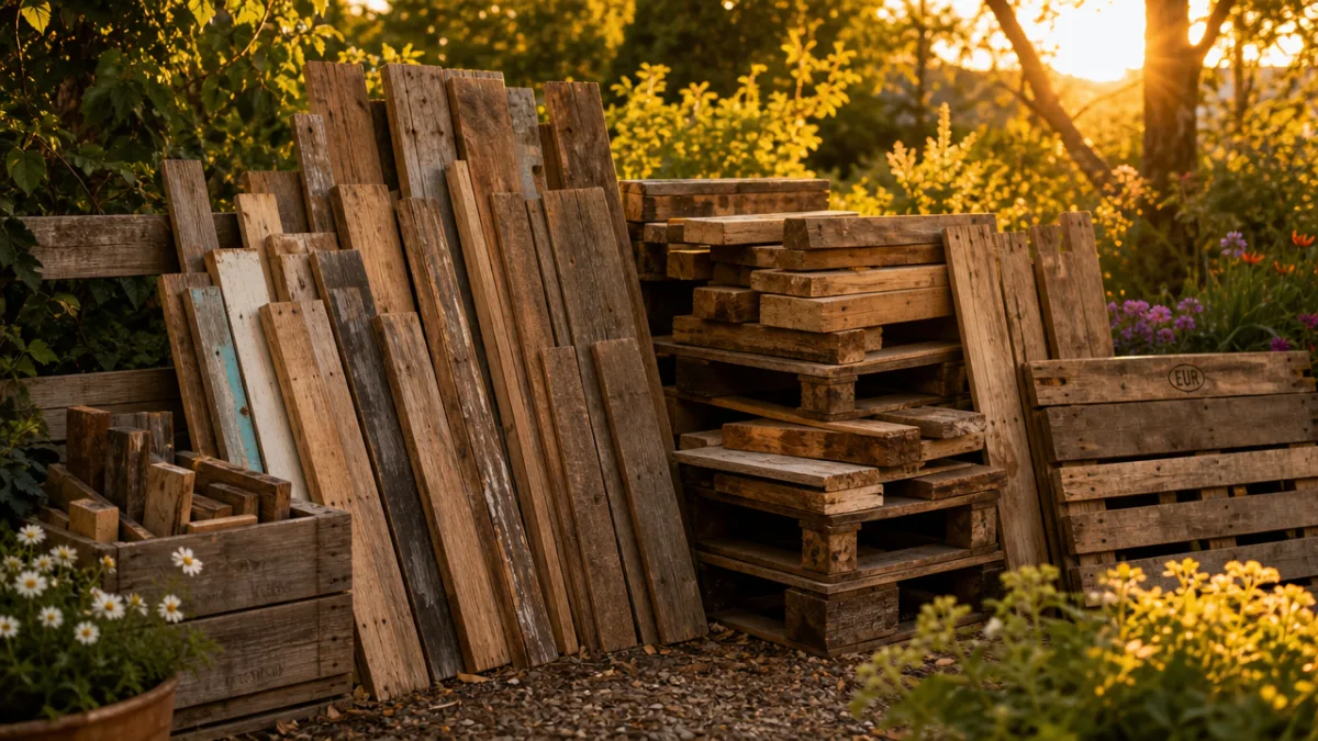 collection of reclaimed wood planks and pallets stacked outdoors in a garden,…