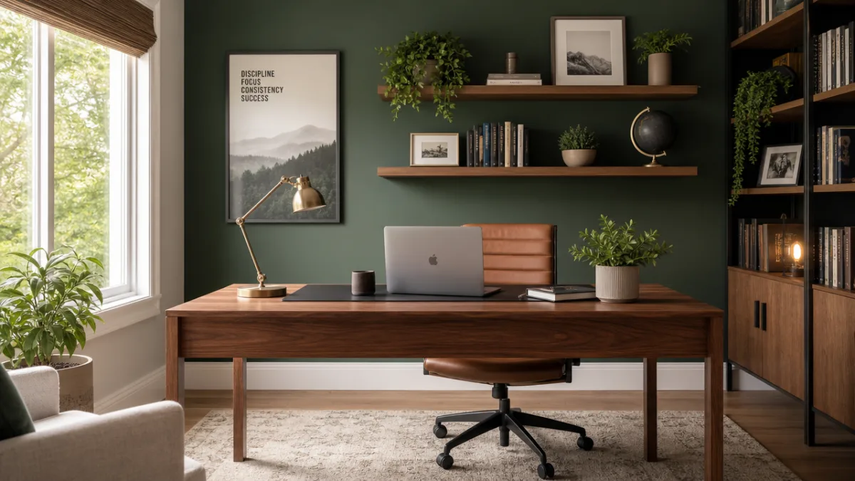 a modern home office with a deep green accent wall, warm wooden…