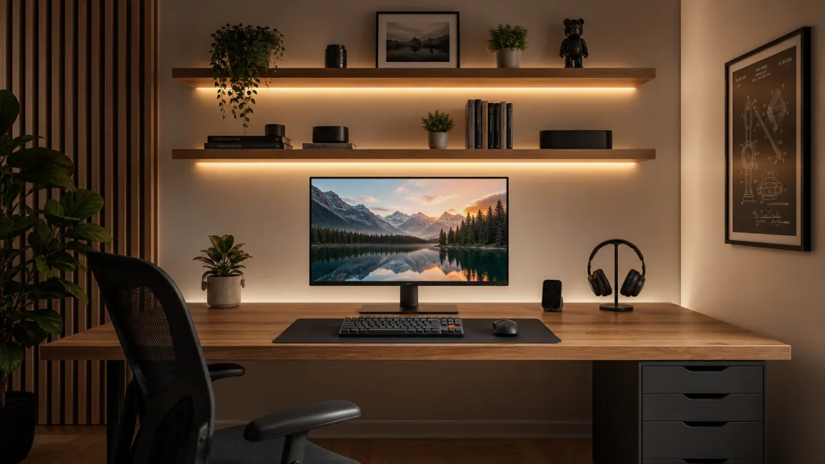 a clean modern desk setup with hidden cables, floating shelves, warm ambient…