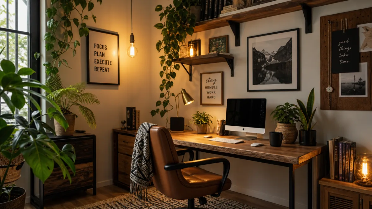 a cozy modern home office corner with lush indoor plants, framed art,…