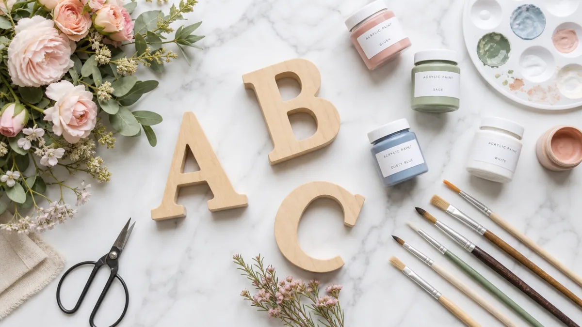 a flat lay of craft supplies including wooden letters, paint brushes, acrylic…