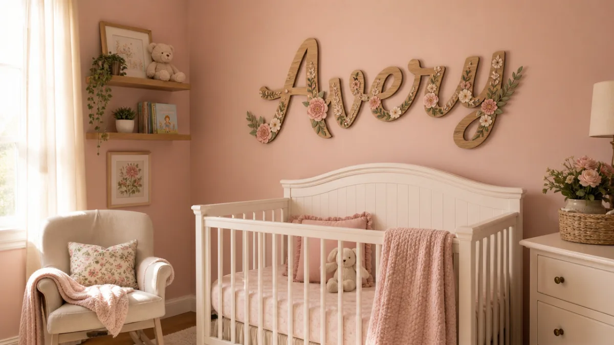 a cozy nursery with soft pink walls featuring large floral wooden name…