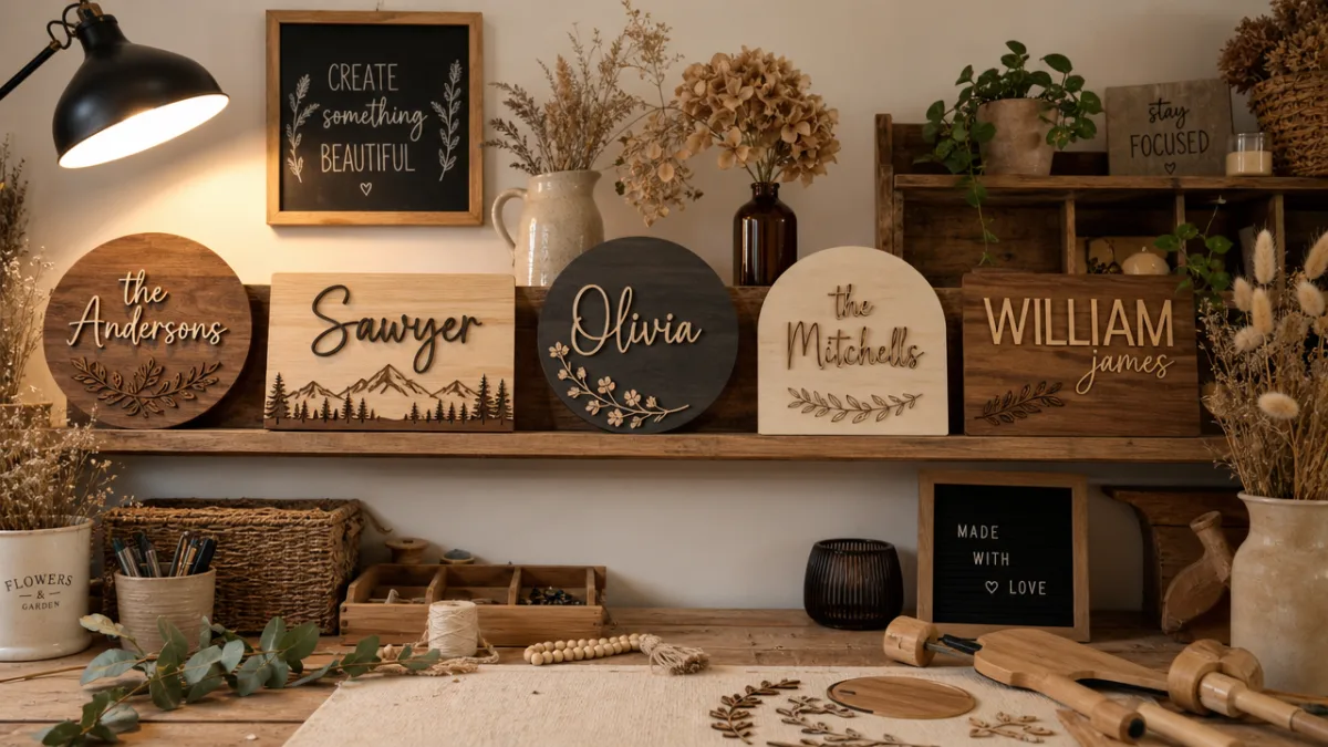 a styled craft studio workspace with finished wooden name signs displayed on…