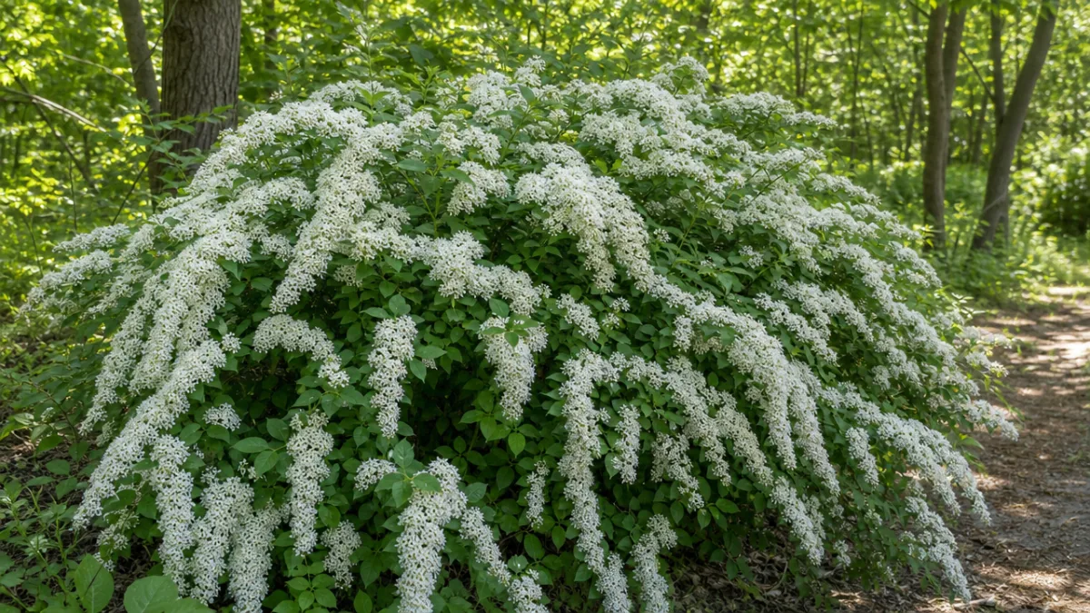 a lush Oceanspray shrub in full bloom with cascading white flower plumes,…