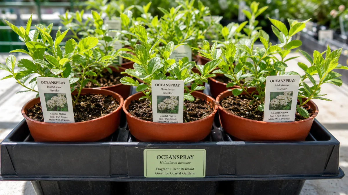 a native plant nursery tray with young Oceanspray seedlings in terracotta pots,…