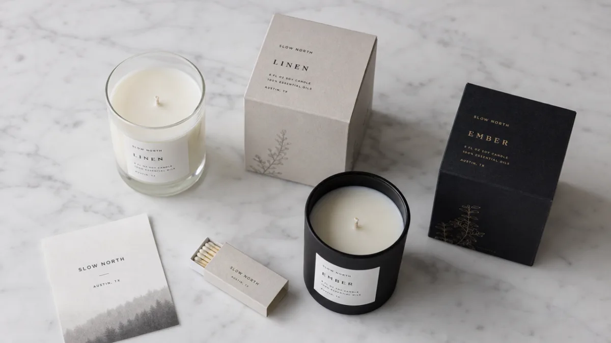 a flat lay of minimalist candle packaging on a white marble surface,…