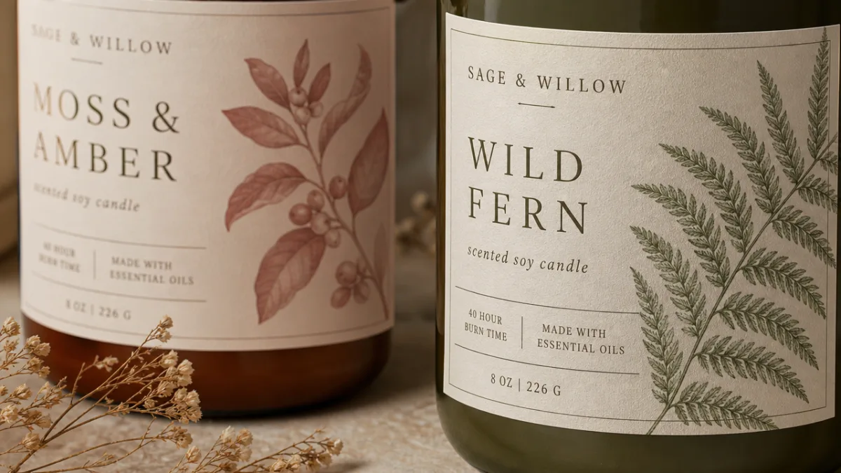 close-up of elegant candle labels with muted botanical colour palette, warm studio…