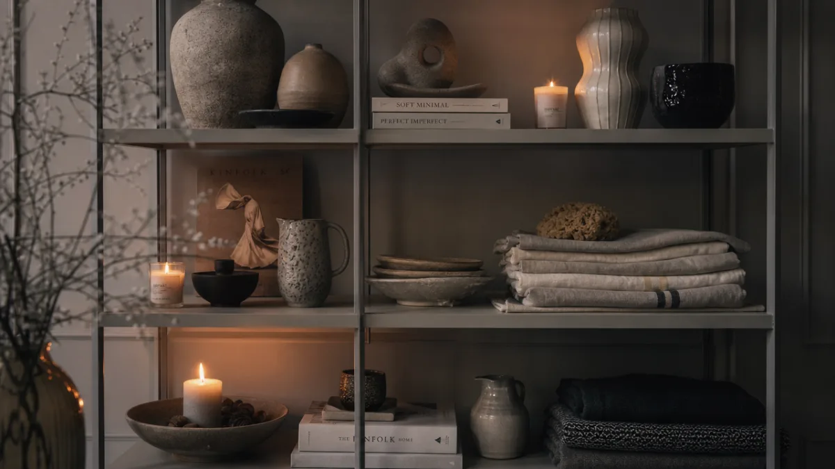 styled Copenhagen homeware shelf with candles, ceramics and linen textiles, moody ambient…