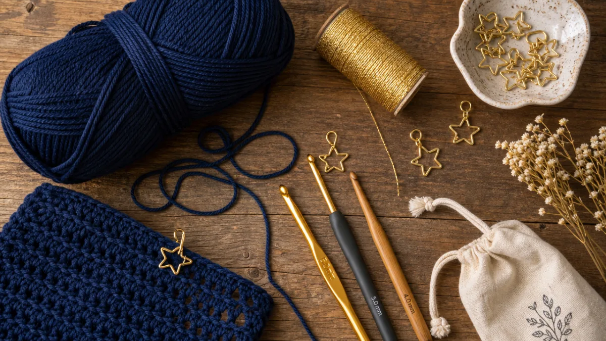a flat lay of crochet materials including dark navy yarn, golden thread,…