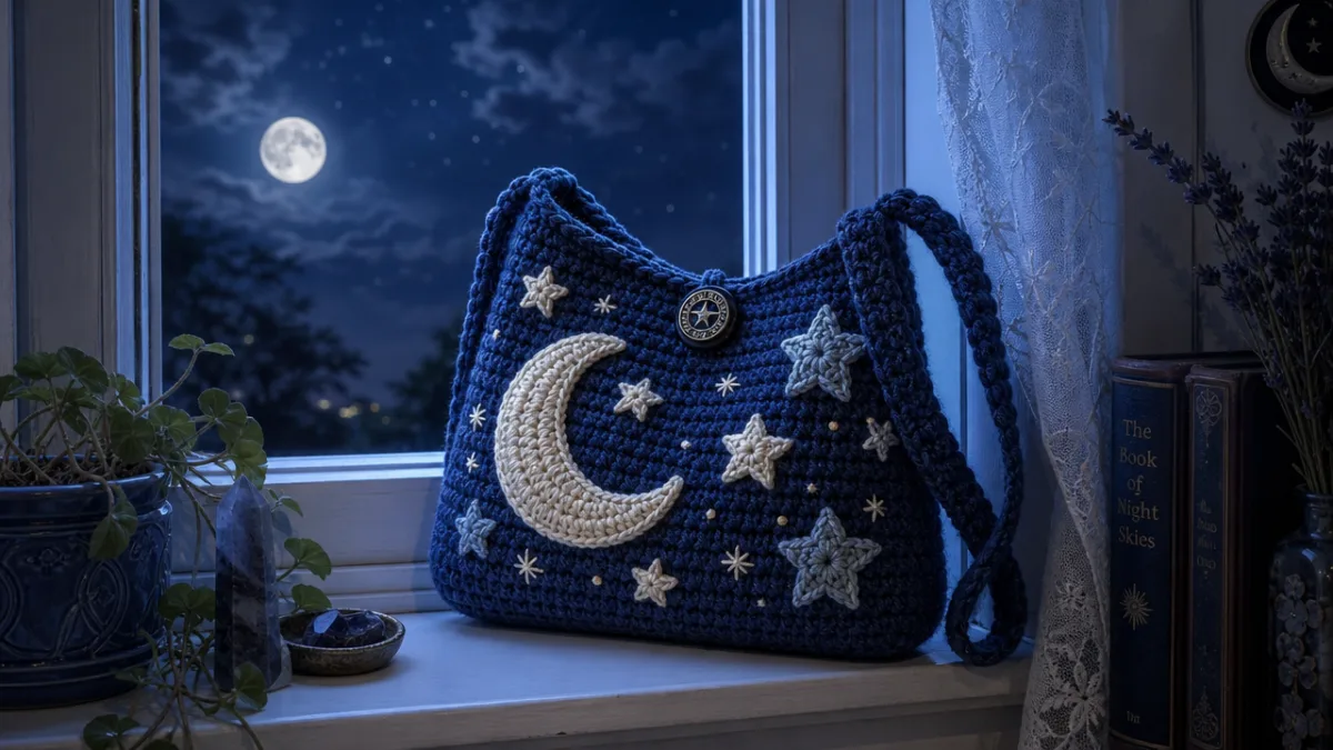 a finished celestial crochet bag with moon and star appliqués resting on…