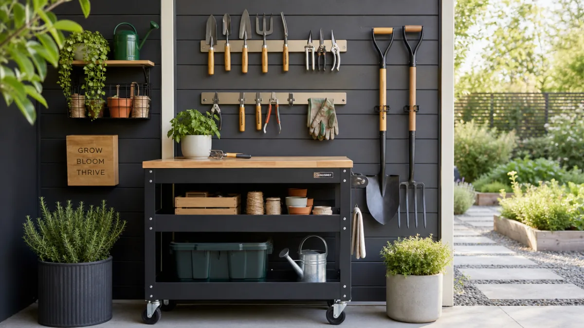 modern organized garden storage corner with mobile tool cart and wall-mounted magnetic…