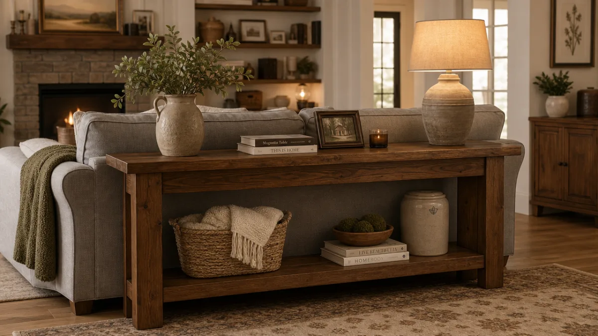 a warm farmhouse living room with a solid brown wood console table…