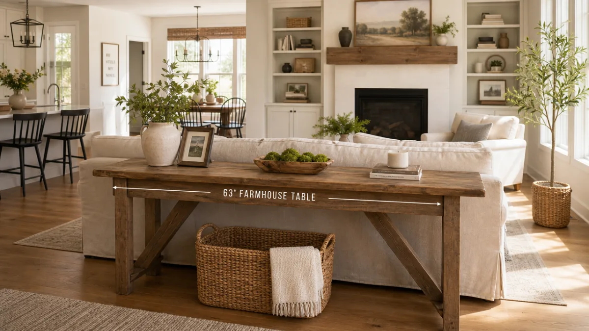 a sunlit open-plan living room showing a 63-inch farmhouse table positioned behind…