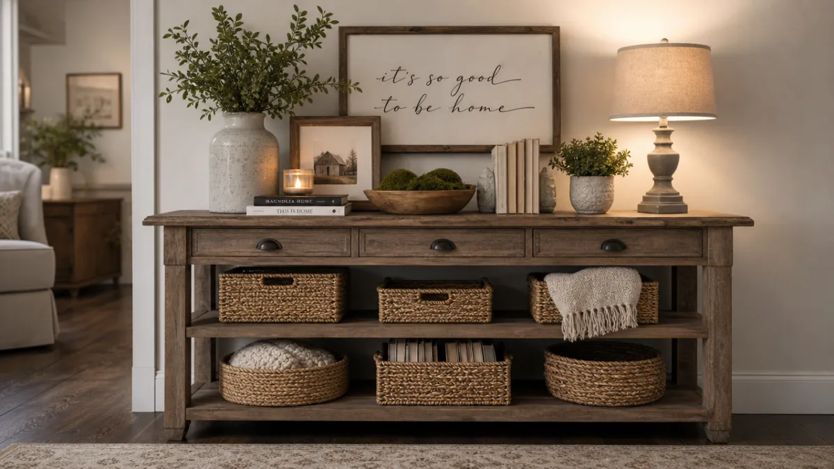 a styled farmhouse console table with layered decor, woven baskets on lower…