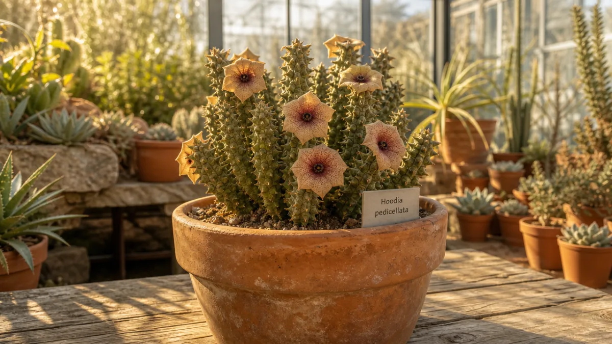 a terracotta pot with Hoodia pedicellata in a sunny greenhouse, warm golden…