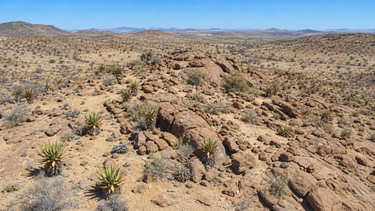 aerial view of arid Namibian rocky landscape with scattered succulent plants under…