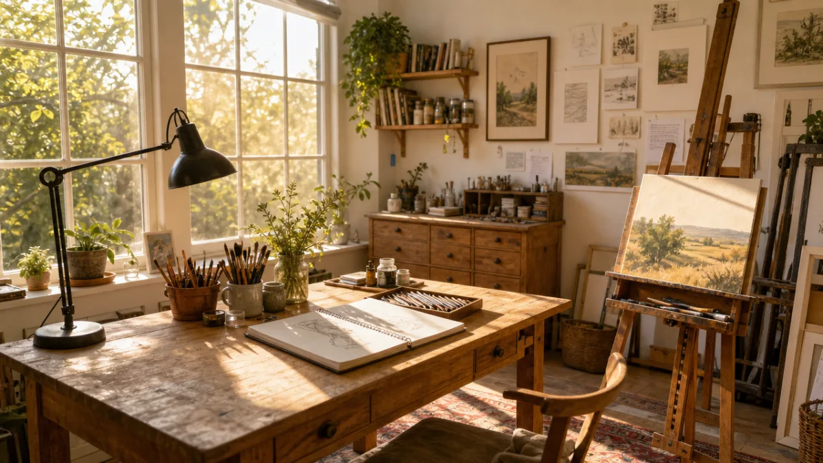 a sun-drenched artist studio with wooden desk, organized supplies, and warm golden…