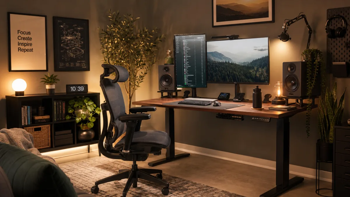 a cozy ergonomic home studio corner with adjustable chair, dual monitors, and…