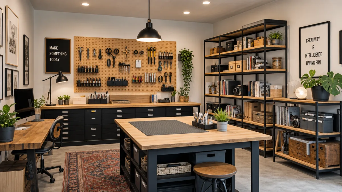 a neatly organized creative studio with pegboard tool display, open shelving, and…