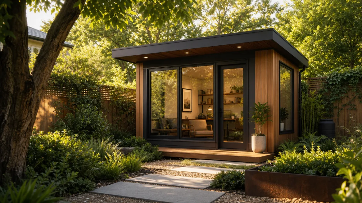 a modern minimalist backyard shed with large glass windows surrounded by lush…