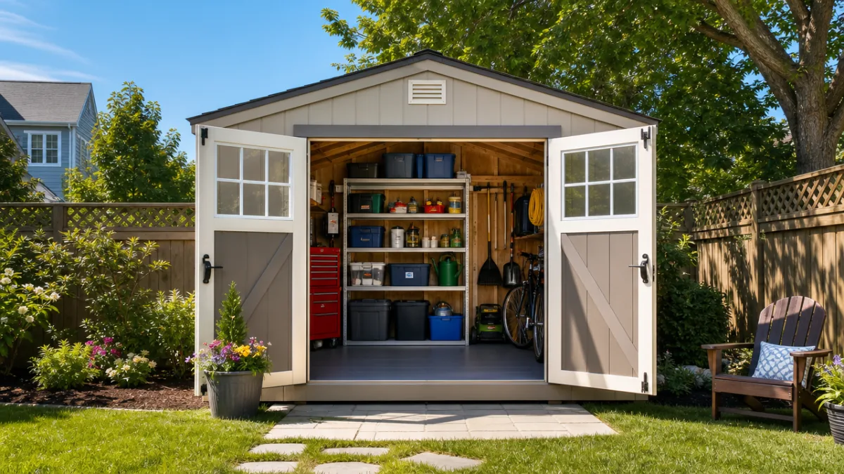 a versatile family backyard shed with open double doors revealing a tidy…