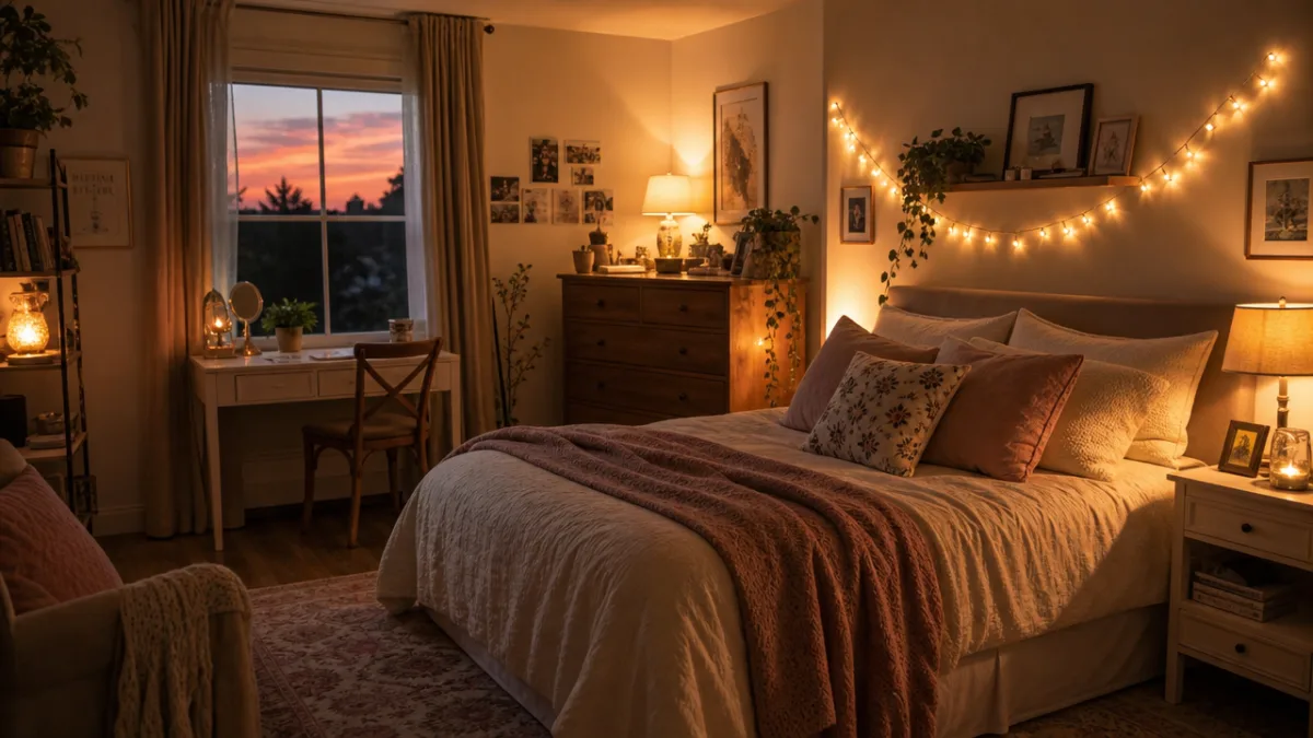 a warmly lit cozy bedroom at dusk with layered lamp light, fairy…