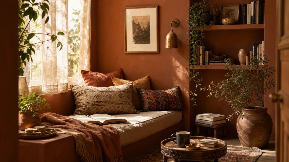 a cozy reading nook with terracotta walls, layered cushions, warm afternoon light…