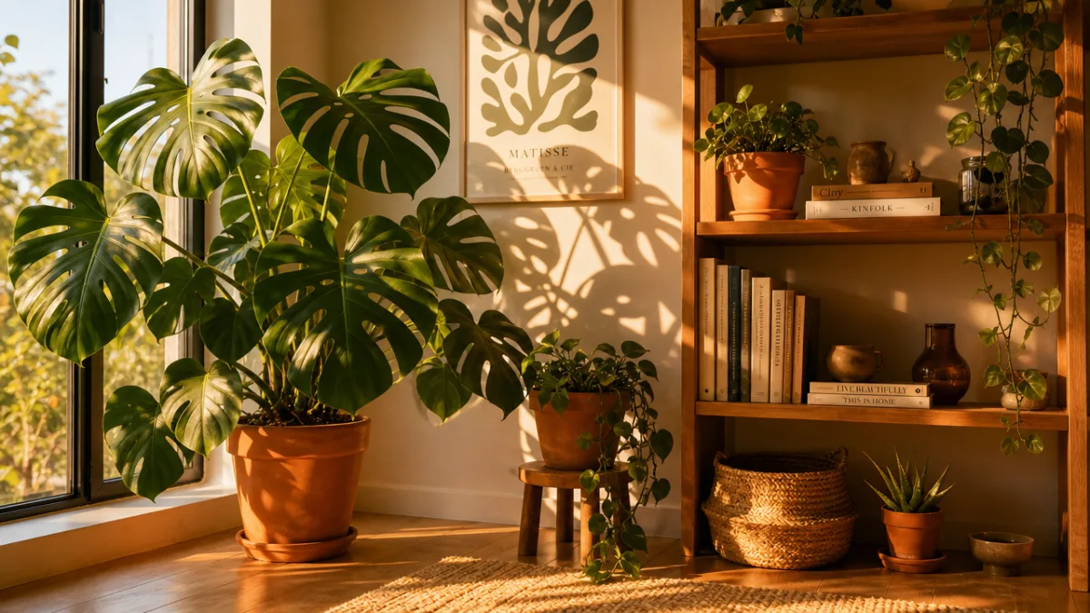 a sun-drenched room corner with large monstera plant, terracotta pots, and warm…
