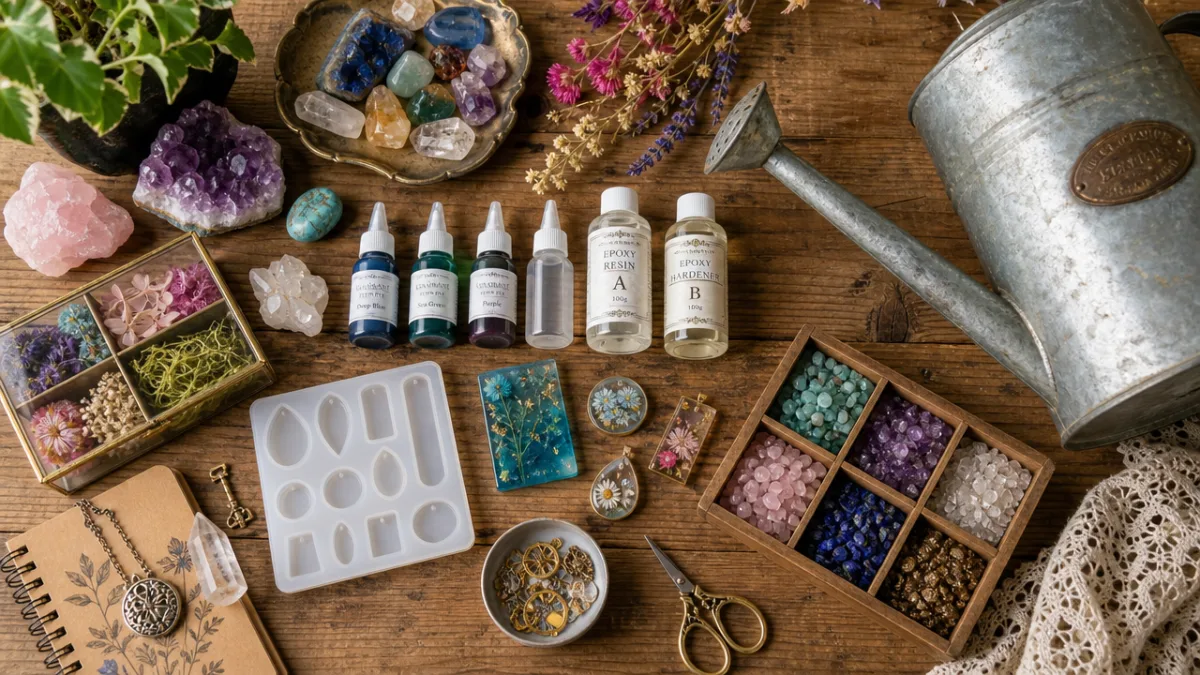 a flat lay of colorful crystals, resin supplies, and a vintage metal…