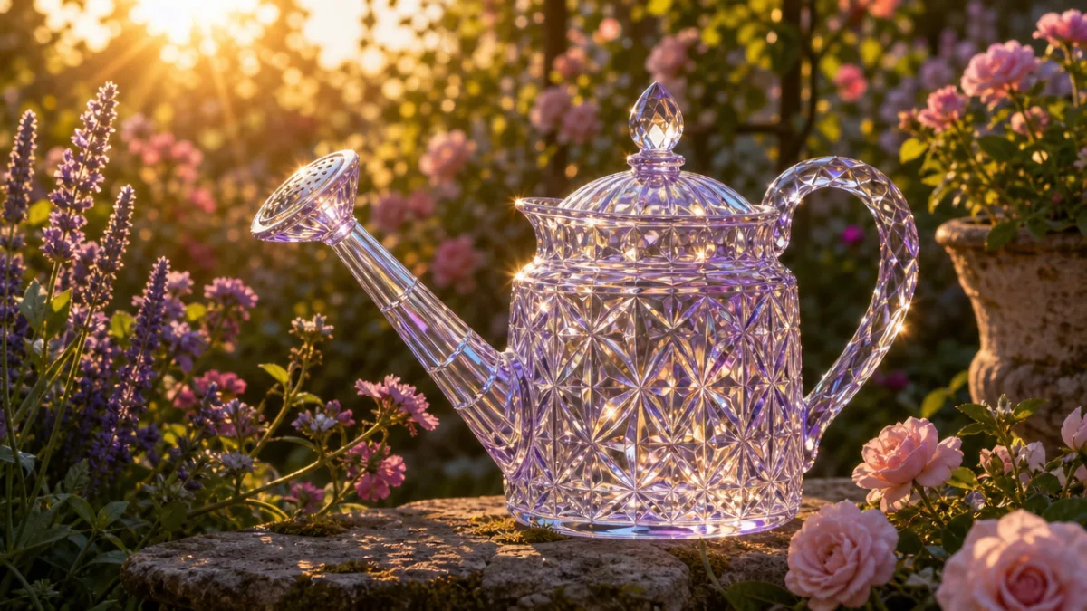 a finished crystal watering can displayed outdoors among blooming garden flowers, soft…