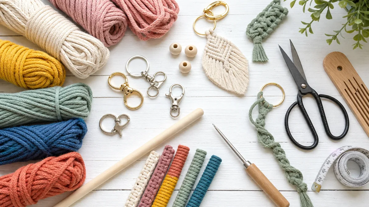 a flat lay of colorful macrame cords, scissors, keychain rings and craft…