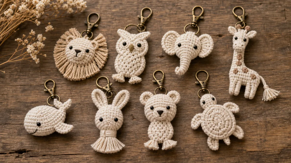 a collection of handmade macrame animal keychains in natural cotton cord displayed…