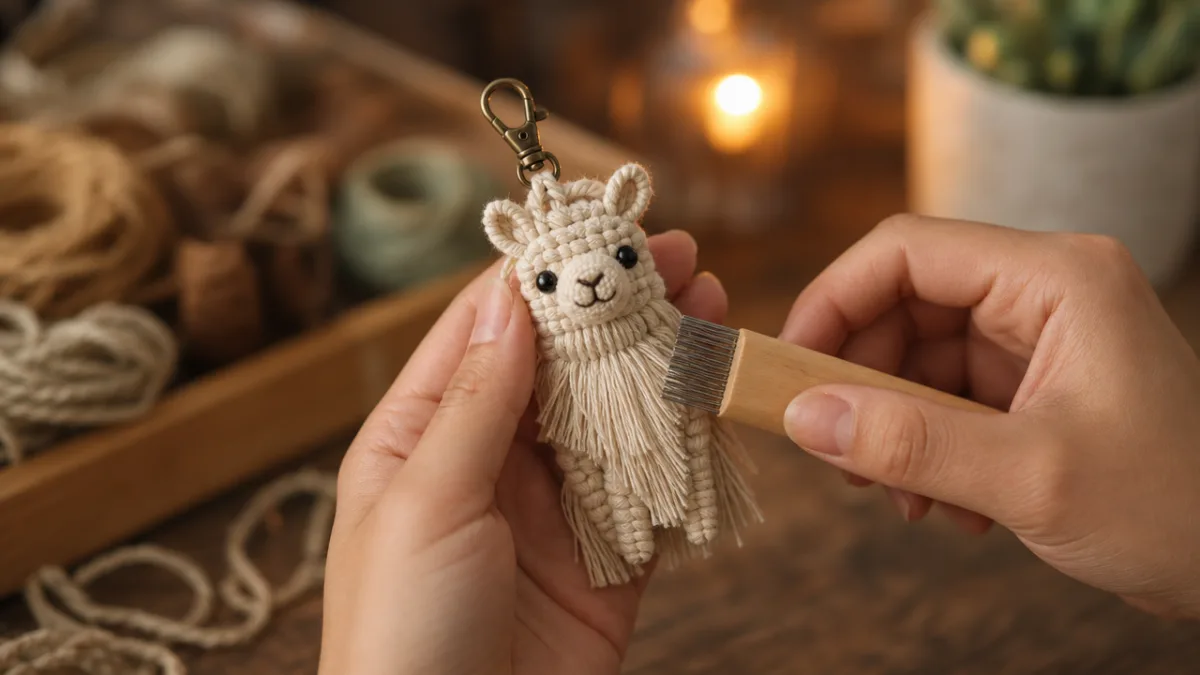 close-up of hands carefully brushing and sculpting a small macrame animal keychain,…