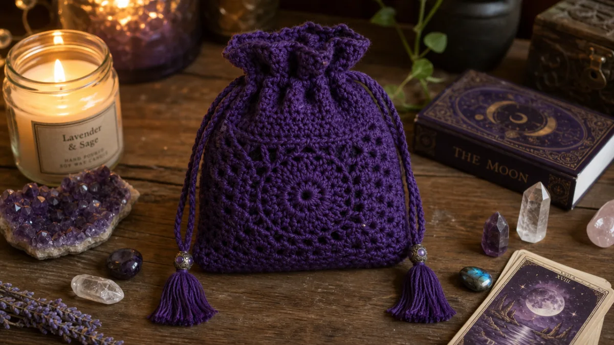 a handmade crochet tarot bag in deep purple yarn displayed on a…
