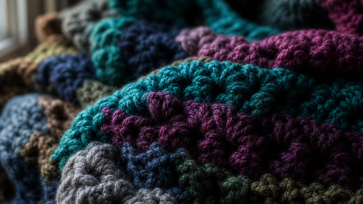 close-up of crochet stitches and yarn textures in moody jewel tones with…