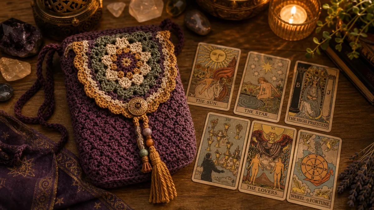 finished crochet tarot bag with decorative flap resting beside a spread of…