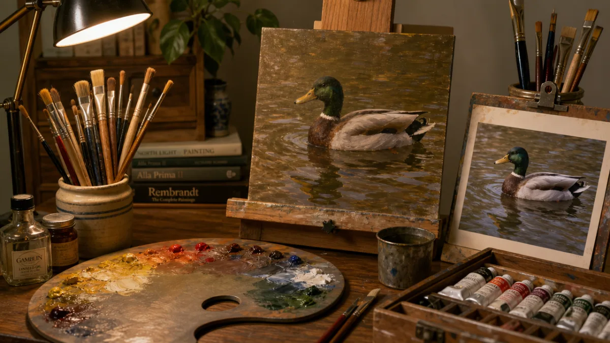 a neatly arranged artist's workspace with brushes, oil paints, and a duck…